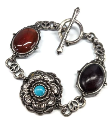 Lucky Brand Red Black Faux Turquoise Cabochon Silver Tone Floral Peace Bracelet - Image 1 of 4