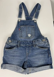 Levis Girls Denim Shortalls Bib Overall Shorts Distressed Size 7 Reg - Picture 1 of 7