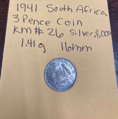 1941 South Africa silver 3 pence, George VI, KM-26 Toning, nice some tarnish blk - Image 1 of 4