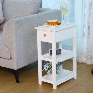 3-Tier Narrow Side Table Slim End Table with Drawer and 2 Shelve for Small Space - Picture 1 of 10