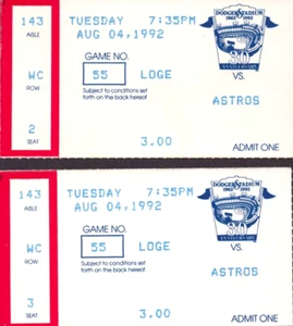 1992 Lot of 2 Dodger Stadium Ticket Stubs LA Dodgers Houston Astros August 4 - Picture 1 of 2