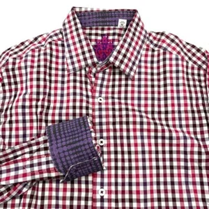 Robert Graham Men's Burgundy White Checkered Button Down Dress Shirt Purple - Picture 1 of 7