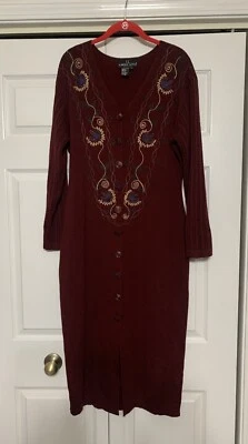 Vintage Carole Little Wool Blend Burgundy Embroidered Knit Maxi Sweater Dress  L - Image 1 of 4