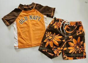 Old Navy Baby Boys Rash Guard Swim Shirt & Trunks Brown & Orange Size 18M 