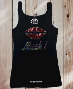 Canotta donna Kiss Lips Bling camicia paillettes nera senza strass scintillante amore - Foto 1 di 6