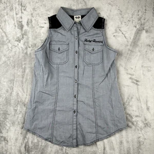 Harley Davidson Damen Gr. M ärmelloses Button Down Shirt Häkelrücken grau - Bild 1 von 7