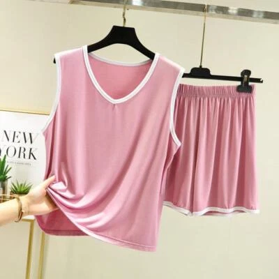 Womens Sleepwear Sleeveless Pajama Set Modal Cotton Sleep Tops +Shorts Nightwear - Image 1 of 4