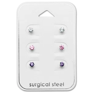 316L Surgical Stainless Steel 3mm Clear Pink Purple CZ Stud Earring Set UK - Picture 1 of 1