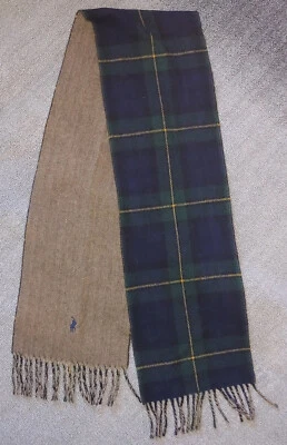 Polo Ralph Lauren Bufanda de Lana Reversible Marrón Espiga Azul Marino Verde A Cuadros Foto 1 de 4