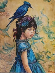 Blue,Watercolor painting, Contemporary, Children,11"x14",US - Picture 1 of 3