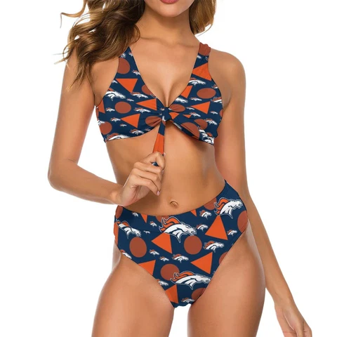 2pcs Denver Broncos Womens Bow Tie Bikini Printed Swimsuit, with Chest Pad Cover