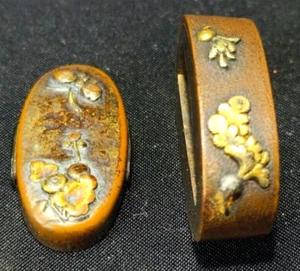 Japanese Vintage Fuchi & Kashira Copper Plated Samurai Sword Fittings Rare F/S - Picture 1 of 12