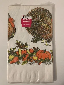 Vintage 1960s Thanksgiving Paper Table Cover Tablecloth Turkey Fruits NOS 54x96 - Picture 1 of 6
