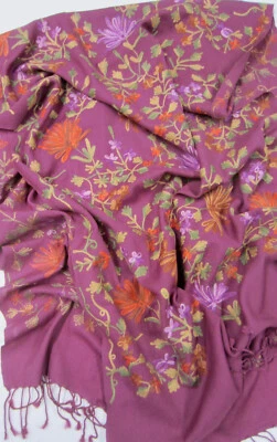Chal grande ciruela naranja lila verde púrpura floral bordado LANA bufanda envoltura Foto 1 de 4