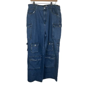 Fashion Nova Womens cargo wide leg Jeans Size 16 Blue Lilly High Rise Cargo NWT - Picture 1 of 10