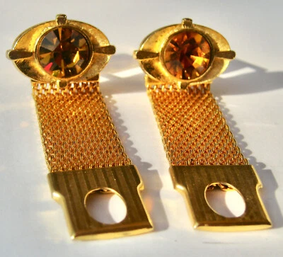 Vintage Goldtone Cufflinks Oval with Golden Topaz Rhinestones Mesh - Image 1 of 3