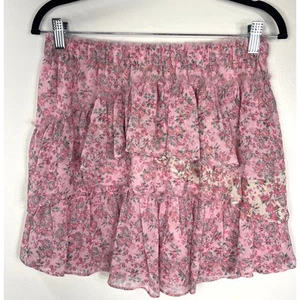 LoveShackFancy Genevieve Mini Skirt Multi Floral Pink Tiered Ruffle Silk Summer - Picture 1 of 6