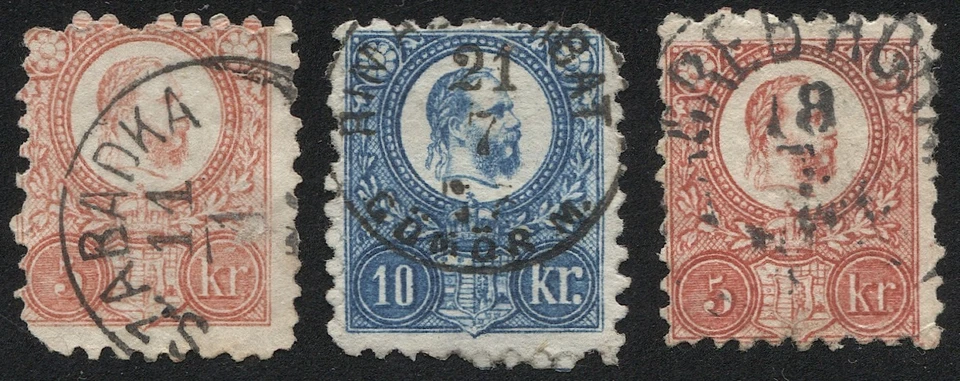 HUNGARY 1871 Sc 3a, 9a, 10, Used  SZABADKA, RIMASZOMBAT, postmark/cancels - Image 1 of 1