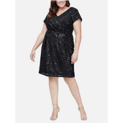 SLNY 黑色亮片 V 领短袖及膝鸡尾酒会礼服 18 W 码  — 第 1/4 张图片