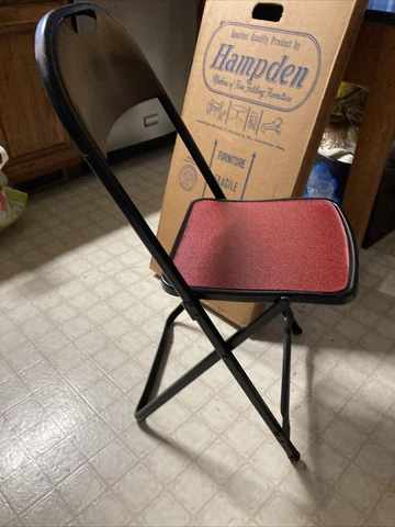 Mid Century Hampden Metal FOLDING CHAIRS Unused Pair Red Black MIB Pair Cover