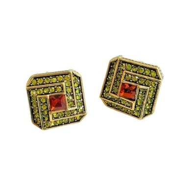 Heidi Daus Earrings Crystal Swarovski Square Bronze Pierced Art Deco Style Studs - Image 1 of 4