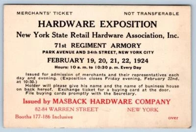1924 EXPOSICIÓN NUEVA YORK MINORISTA HARDWARE ASOCIADO COMERCIANTES BOLETO MASBACK COMPANY Foto 1 de 2
