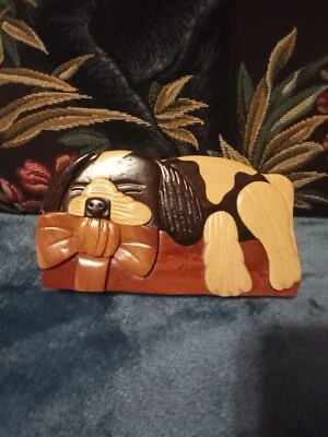 Puppy sleeping  wood puzzle box. - Image 1 of 4