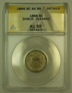 1866 Shield Nickel 5c Coin ANACS AU-55 Details Cleaned - Picture 1 of 2