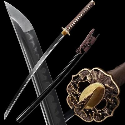 Brown Katana Sword Real Hamon Clay Tempered T10 Steel Razor Sharp Brass Tsuba - Image 1 of 4