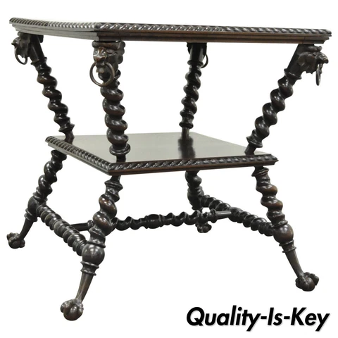 19th C. Victorian Merklen Bros. Barley Twist Figural Mahogany Parlor Lamp Table Cover