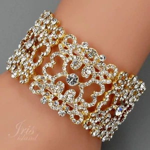 18K Gold Plated Clear Crystal Rhinestone Wedding Bangle Cuff Stretch Bracelet 37 - Picture 1 of 6