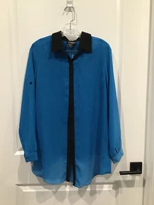 NWOT Angie women’s medium shirt turquoise black long sleeve button down * - Picture 1 of 4