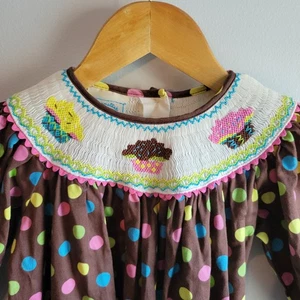 Marmellata Girl’s 4T Smocked Brown Multi-Color Polka Dot Cupcake Birthday Dress - Picture 1 of 7