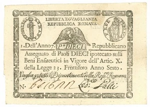 10 PAOLI ASSEGNATO REPUBBLICA ROMANA TIMBRO TRIANGOLARE DAL 09/09/1798 SUP- - Foto 1 di 7
