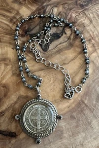 Vergine Santi e Angeli, San Benito medaglione collana sterling catena 13,5-17,5 - Foto 1 di 10