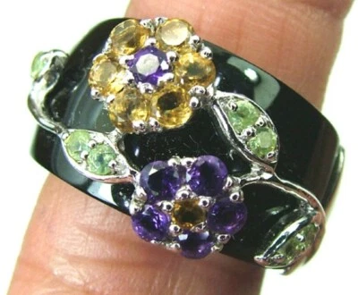 Amatista púrpura, citrino amarillo con banda de flores de esmalte negro de plata real 925 Foto 1 de 4