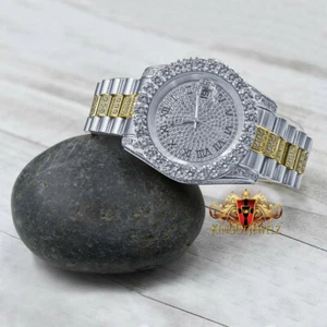2 Tone White Gold Tone Stainless Steel Presidential Watch 41mm Simulated Diamond - Picture 1 of 7