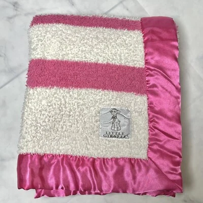 Little Giraffe Baby Blanket - Pink White Stripe 30 x 35 - Chenille Knit w/ Satin - Image 1 of 4