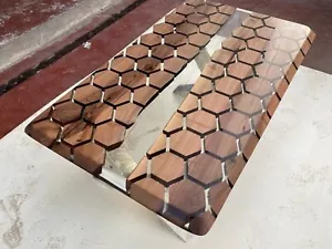 Handmade Hexagon Honeycomb Design Clear Epoxy Dark Walnut Table – A Unique top - Picture 1 of 9