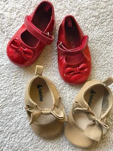 Baby Infant Girls Ballet Dress Shoes Khaki/Tan/Brown & Red Sparkle Dorothy Ruby - Picture 1 of 8