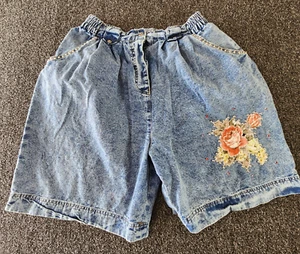 Vintage Pretty Bleu Womens Jean Shorts L 80s Mom Embroidered Acid Elastic Waist - Picture 1 of 10