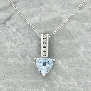 Aquamarine Diamond Pendant, 10K White Gold, 18" - Picture 1 of 7