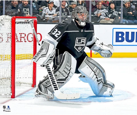 Jonathan Quick Los Angeles Kings Unsigned Black Jersey in Net Photograph Cover
