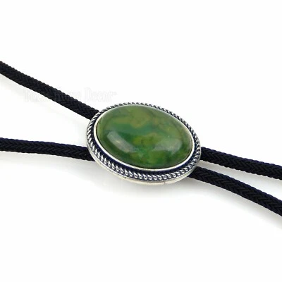 Green Jade Natural Stone Bolo Tie Oval Real Silver Plated 36" Adjustable Cord - Image 1 of 4