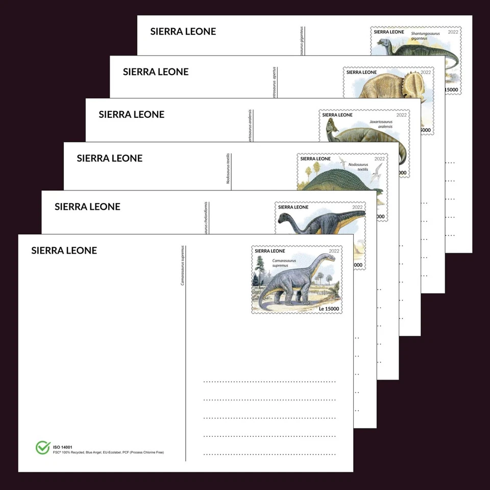Tarjetas de papelería Big Dinosaurs MNH 2022 Sierra Leona 6 tarjetas papel 100 % reciclado Foto 1 de 4