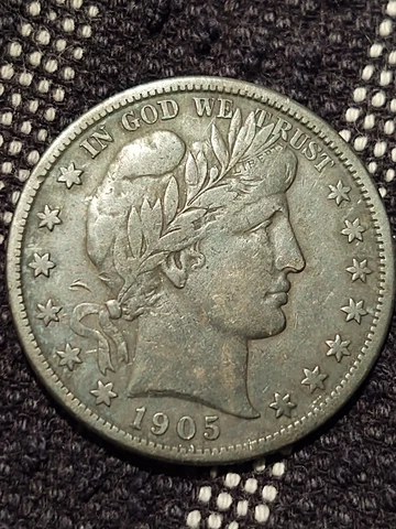 1905-S/S Barber Silver Half Dollar Mid VF+ FULL LIBERTY-Toned Dark-Repunched S/S Cover