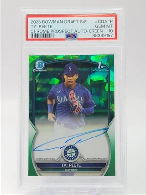 TAI PEETE 2023 BOWMAN CHROME DRAFT 1ST SAPPHIRE GREEN AUTO /99 PSA 10 Q4290 - Image 1 of 2