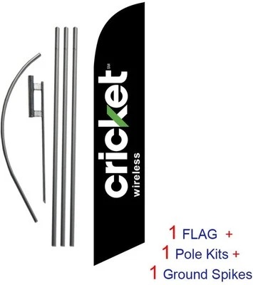 Black Cricket Wireless Advertising Feather Banner Swooper Flag Sign with Flag... - Image 1 of 2