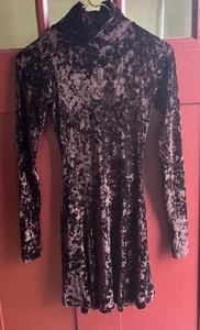 Vestido Acampanado Patinador Cuello Alto Terciopelo Aplastado Marrón Betsey Johnson De Colección Años 90 S - Imagen 1 de 5