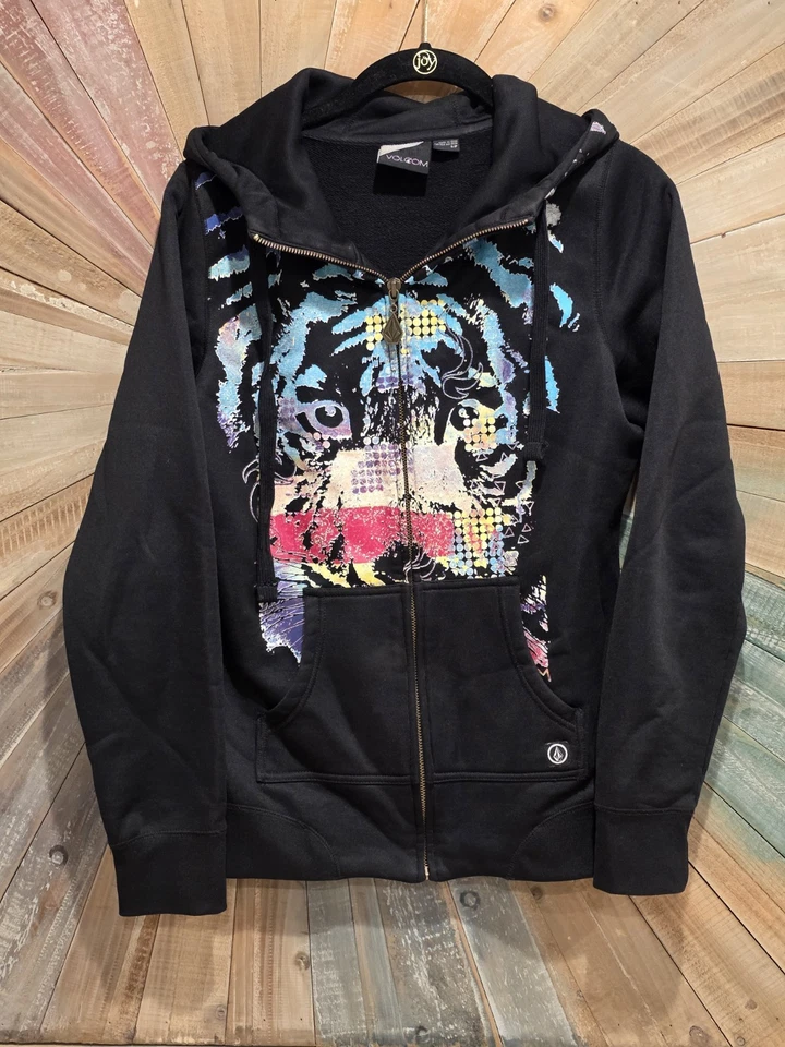 Volcom “Color Me Tiger” Full-Zip Hoodie – Women’s Small – Black Colorful Graphic - Image 1 of 4